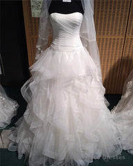 Sexy Pleated Strapless Bodice Corset Organza Ruffles Ball Gowns Wedding Dresses