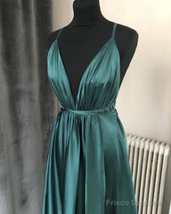 Sexy Plunging Neckline Satin Open Back Slit Dress