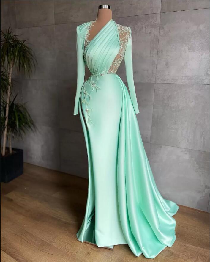 Sexy Prom Dresses Plus Size Arabic Aso Ebi Mermaid Prom Dresses Lace Beaded Illusion Satin Floor Length Party Evening Wear Main image