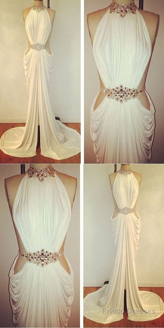 Sexy Prom Dresses Sheath Column High Neck Rhinestone Long White Prom Dress