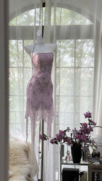 Sexy Purple Lace Tube Top Beaded Earrings Curled Skirt Prom Dress