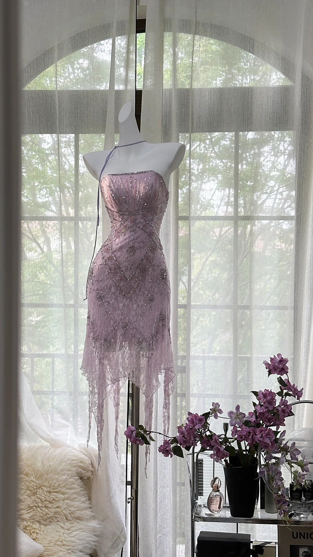 Sexy Purple Lace Tube Top Beaded Earrings Curled Skirt Prom Dress Main image