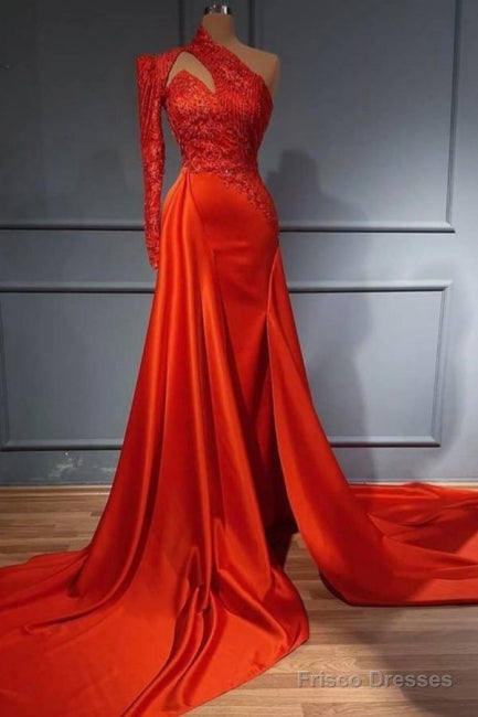 Sexy Red Cut Out One Shoulder Long Sleeves Satin Prom Formal Dress Main image