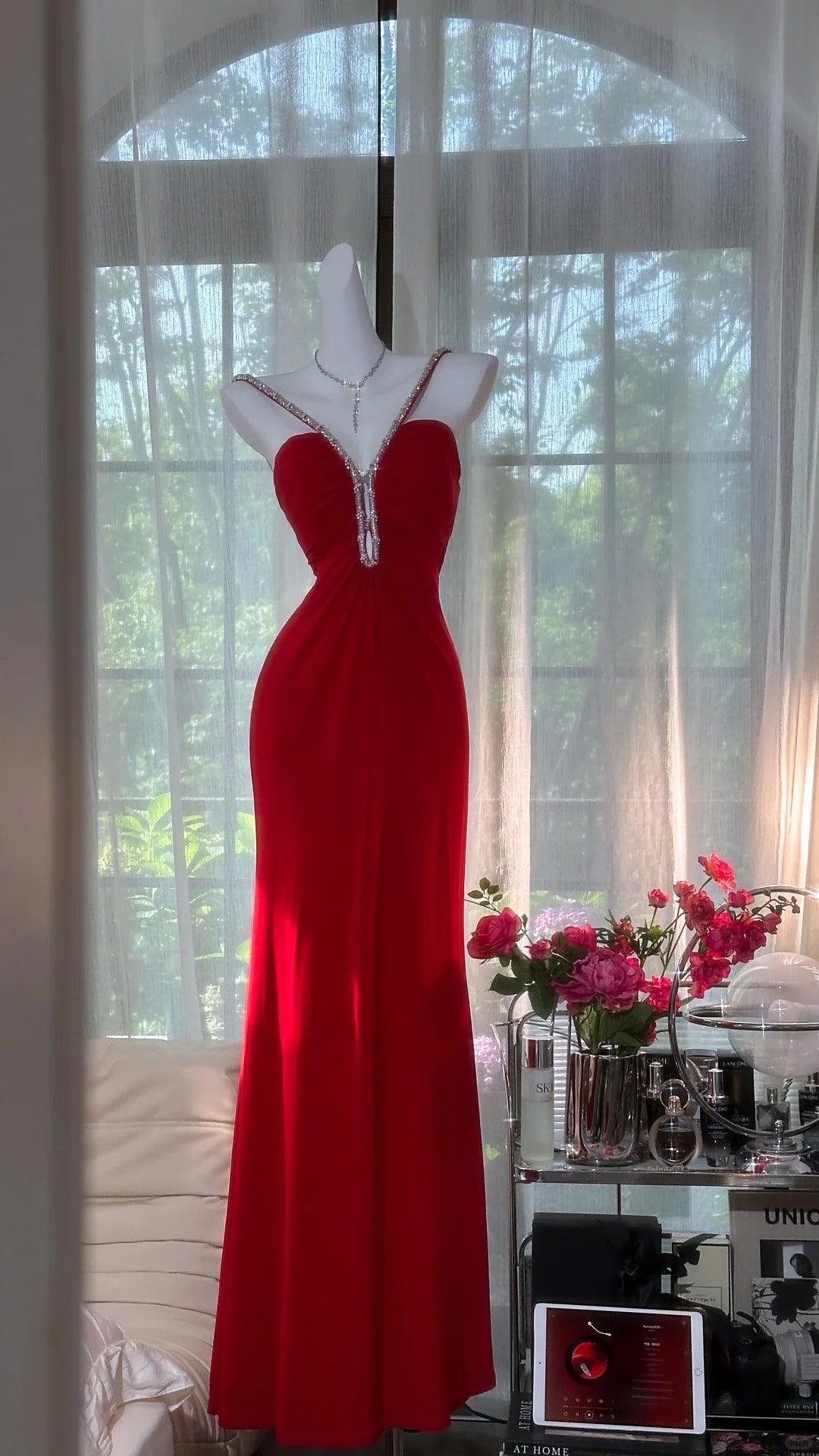 Sexy Red Halter Neck Beaded Backless Chiffon Prom Dress