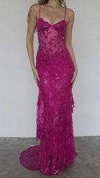 Sexy Red Lace Sequin Long Evening Prom Dress