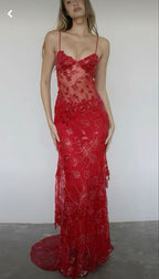 Sexy Red Lace Sequin Long Evening Prom Dress