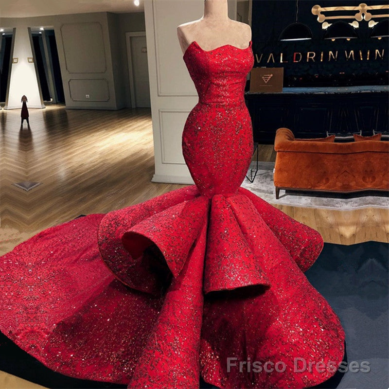 Sexy Red Strapless Mermaid Prom Dress Sequins Long Secondary image