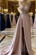 Sexy Robe De Soiree A-Line One-Shoulder Floor Length Beaded Slit Long Formal Prom Dress Formal Prom Gown Formal Dress