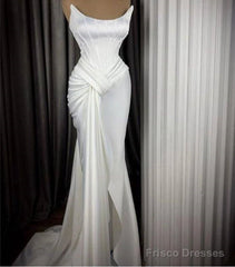 Sexy Robe De Soiree Mermaid Scoop Floor Length Satin Slit Long Prom Dresses Prom Gown Evening Dresses