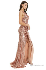 Rose Gold One Shoulder with Side Slit Prom Dresses