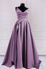 Sexy Ruched V Neck Split Satin Long Dresses