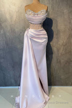 Sexy Satin Fitted V-Neck Strapless Illusion Empire Beaded Pleats With Side Slit Party Prom Evening Dress