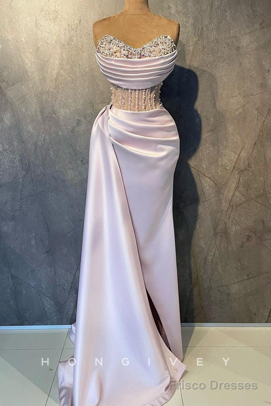 Sexy Satin Fitted V-Neck Strapless Illusion Empire Beaded Pleats With Side Slit Party Prom Evening Dress