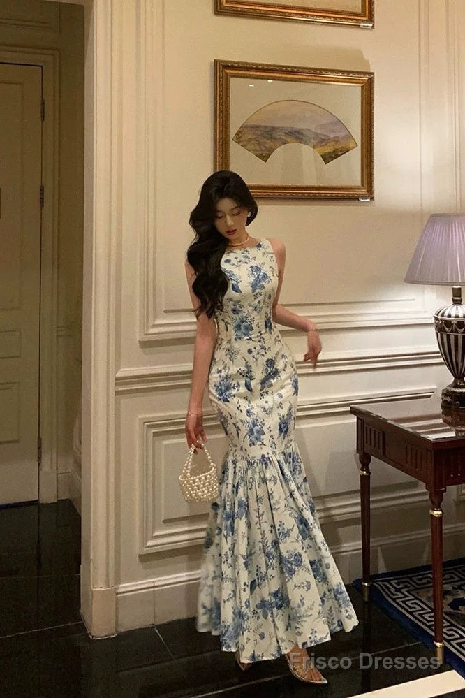 Sexy Sheath Boat Sleeveless Blue Floral Ruffle Long Prom Dresses Birthday Outfits Secondary image