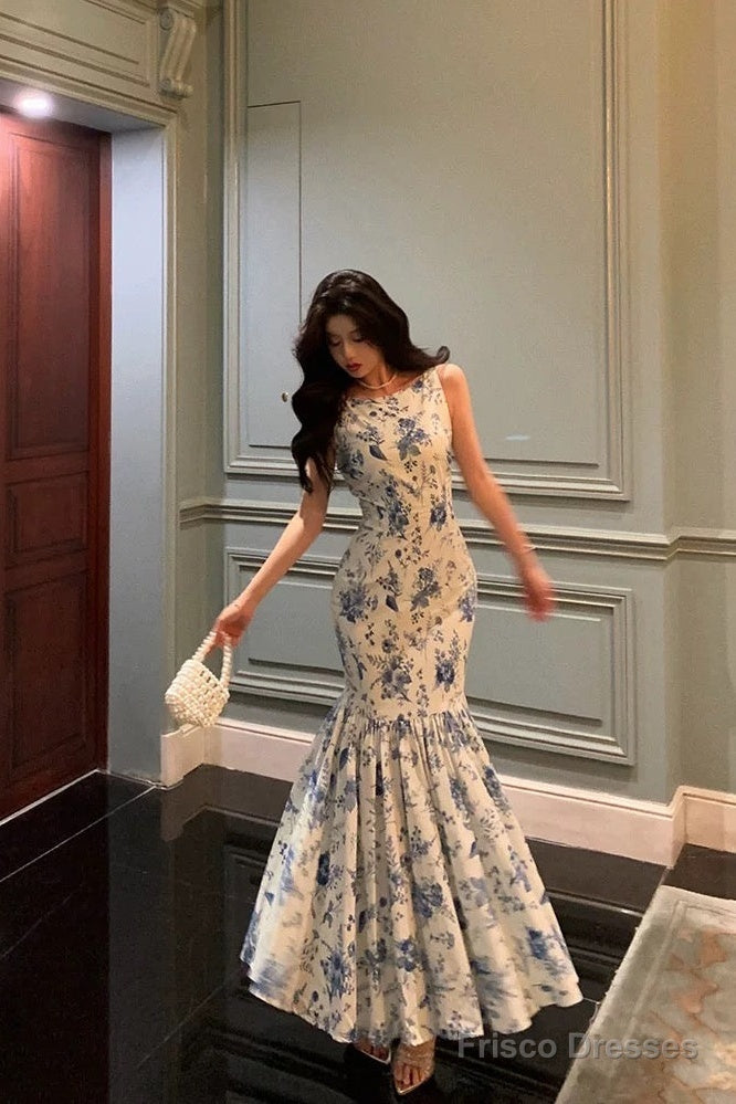 Sexy Sheath Boat Sleeveless Blue Floral Ruffle Long Prom Dresses Birthday Outfits Main image