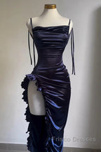 Sexy Sheath Column Spaghetti Straps Navy Blue Backless Satin Formal Prom Dress