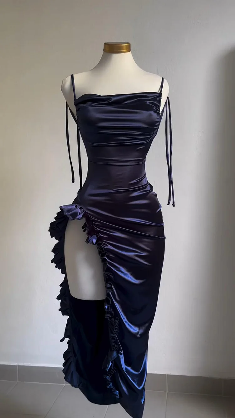 Sexy Sheath Column Spaghetti Straps Navy Blue Backless Satin Prom Dress Secondary image