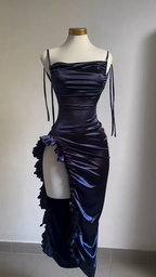 Sexy Sheath Column Spaghetti Straps Navy Blue Backless Satin Prom Dress