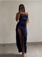 Sexy Sheath Column Spaghetti Straps Navy Blue Backless Satin Prom Dress