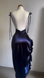 Sexy Sheath Column Spaghetti Straps Navy Blue Backless Satin Prom Dress