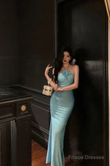 Sexy Sheath Halter Blue Fold Long Prom Dresses Birthday Outfits