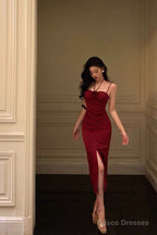 Sexy Sheath Halter Red Ankle Length Slit Prom Dresses Birthday Dress