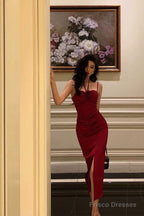 Sexy Sheath Halter Red Ankle Length Slit Prom Dresses Birthday Dress