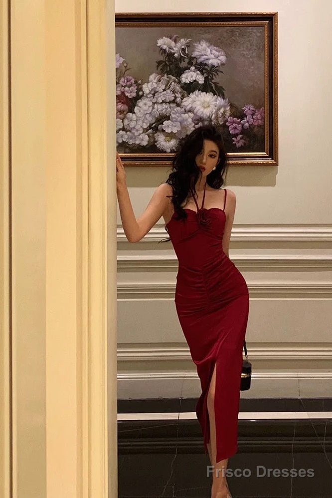 Sexy Sheath Halter Red Ankle Length Slit Prom Dresses Birthday Dress