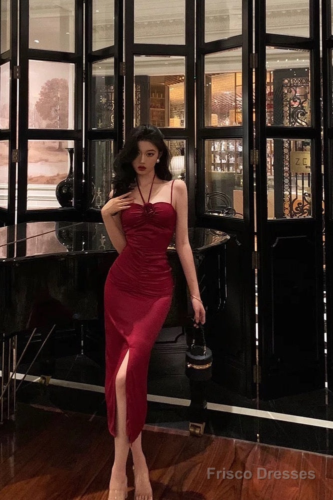 Sexy Sheath Halter Red Ankle Length Slit Prom Dresses Birthday Dress Main image