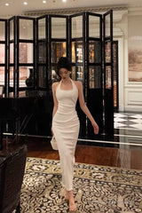 Sexy Sheath Halter Sleeveless White Tea Length Prom Dresses Birthday Outfits