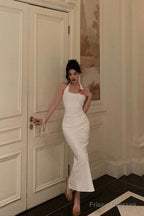 Sexy Sheath Halter Sleeveless White Tea Length Prom Dresses Birthday Outfits