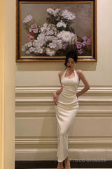 Sexy Sheath Halter Sleeveless White Tea Length Prom Dresses Birthday Outfits