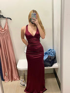 Sexy Sheath Halter V Neckline Burgundy Satin Slit Party Dress Long Prom Dresses