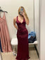 Sexy Sheath Halter V Neckline Burgundy Satin Slit Party Dress Long Prom Dresses