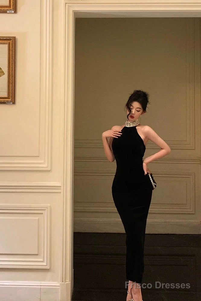 Sexy Sheath High Neckline Black Beads Ankle Length Prom Dresses Birthday Dress
