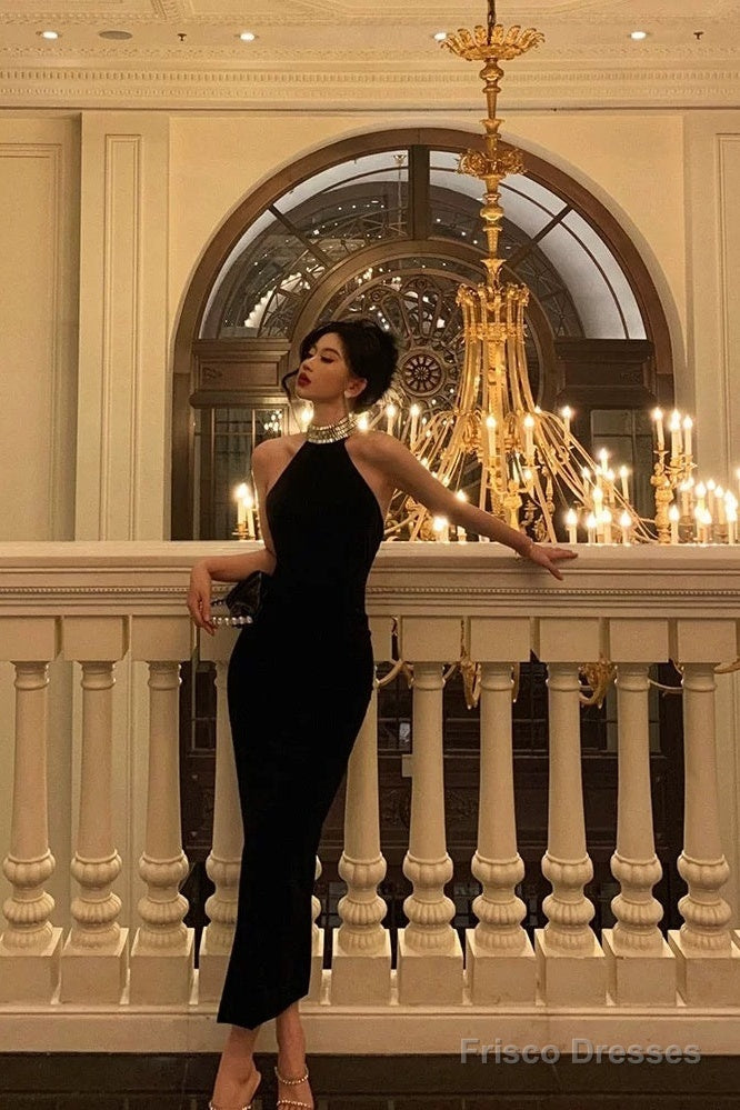 Sexy Sheath High Neckline Black Beads Ankle Length Prom Dresses Birthday Dress Main image