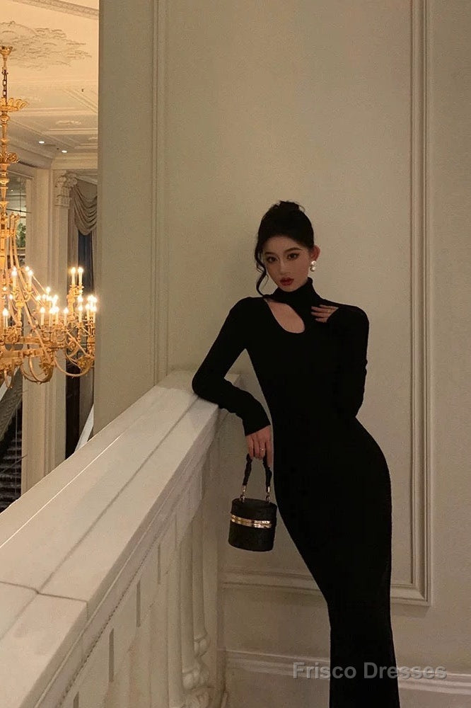 Sexy Sheath High Neckline Black Long Sleeves Prom Dresses Birthday Outfits