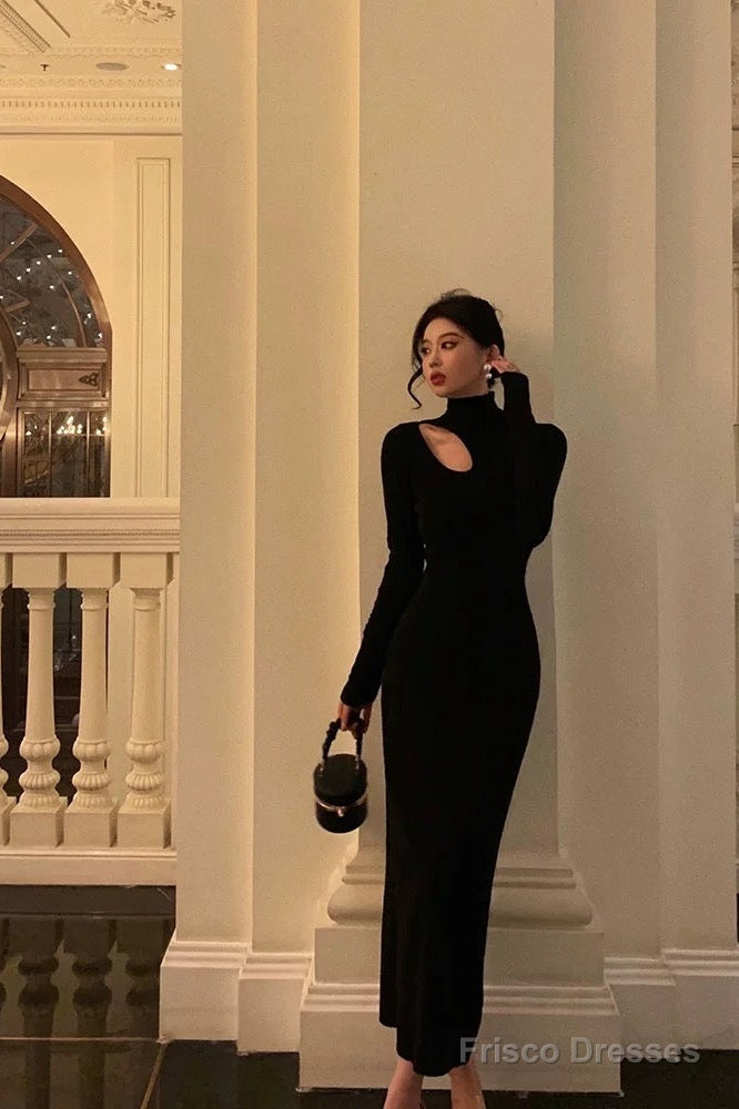 Sexy Sheath High Neckline Black Long Sleeves Prom Dresses Birthday Outfits