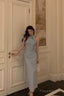 Sexy Sheath High Neckline Dusty Blue Satin Flowers Long Prom Dresses Evening Dress