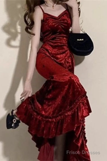 Sexy Sheath Long Burgundy Velvet Prom Dress 21Th Birthday Outfits Main image