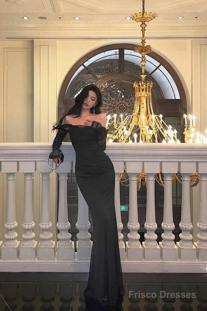 Sexy Sheath Off The Shoulder Black Long Sleeves Prom Dresses Evening Dress