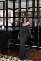 Sexy Sheath Off The Shoulder Black Long Sleeves Prom Dresses Evening Dress