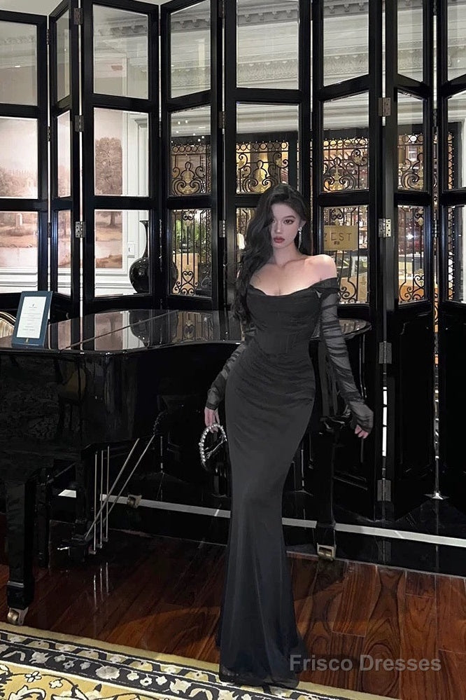 Sexy Sheath Off The Shoulder Black Long Sleeves Prom Dresses Evening Dress