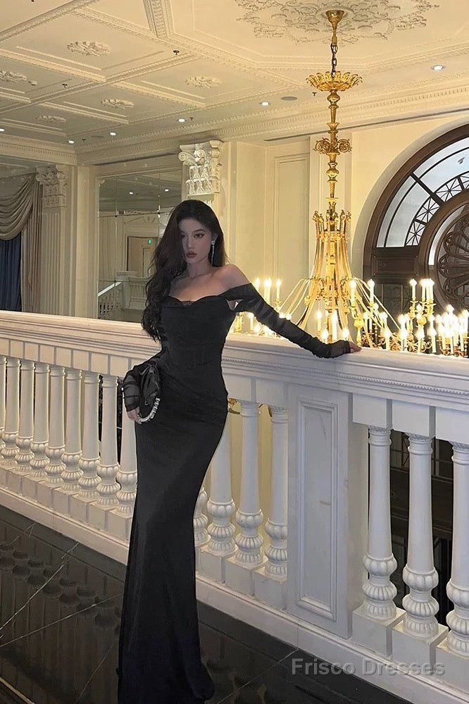 Sexy Sheath Off The Shoulder Black Long Sleeves Prom Dresses Evening Dress