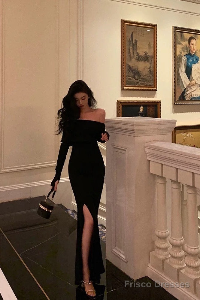 Sexy Sheath Off The Shoulder Black Slit Long Sleeves Prom Dresses Birthday Outfits
