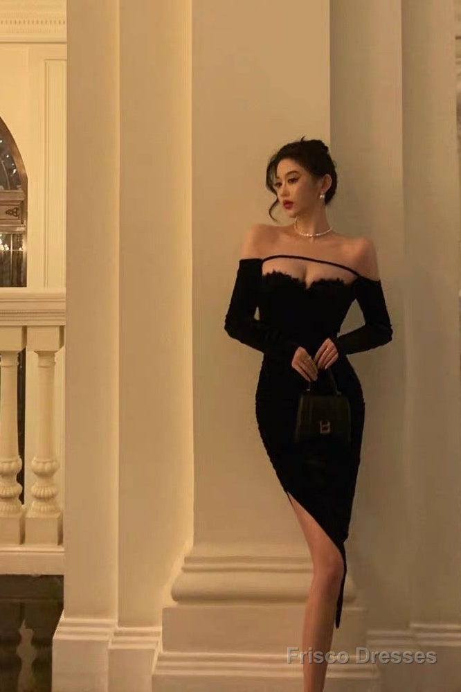 Sexy Sheath Off The Shoulder Black Velvet Slit Mid Length Prom Dresses Birthday Outfits