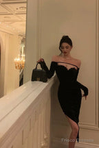 Sexy Sheath Off The Shoulder Black Velvet Slit Mid Length Prom Dresses Birthday Outfits