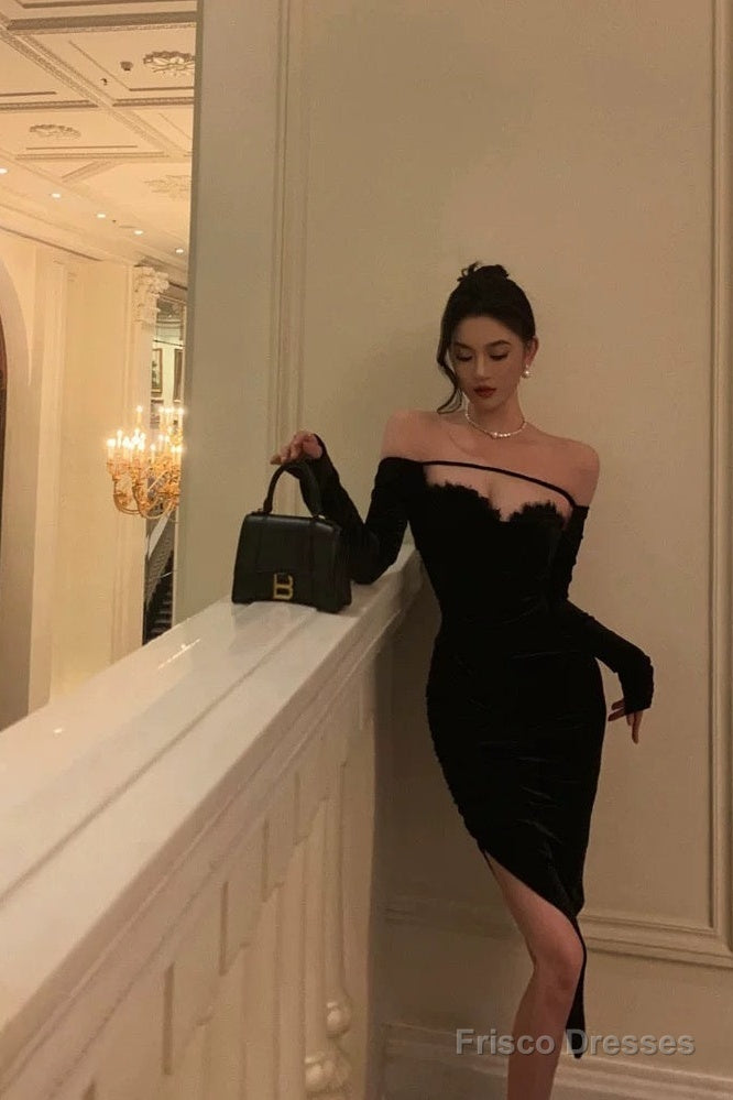 Sexy Sheath Off The Shoulder Black Velvet Slit Mid Length Prom Dresses Birthday Outfits