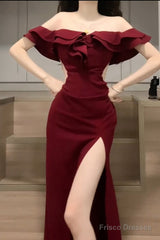 Sexy Sheath Off The Shoulder Burgundy Slit Holiday Prom Dresses Night Dress Birthday Outfits