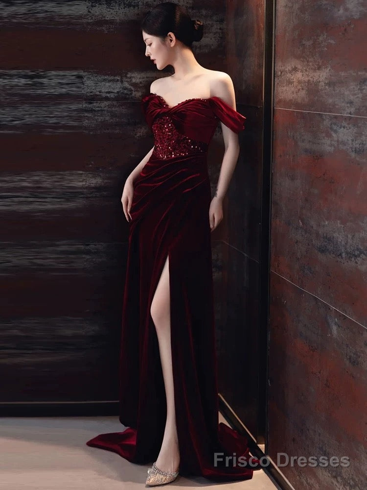 Sexy Sheath Off The Shoulder Burgundy Velvet Floor Length Evening Dress Prom Dresses Main image